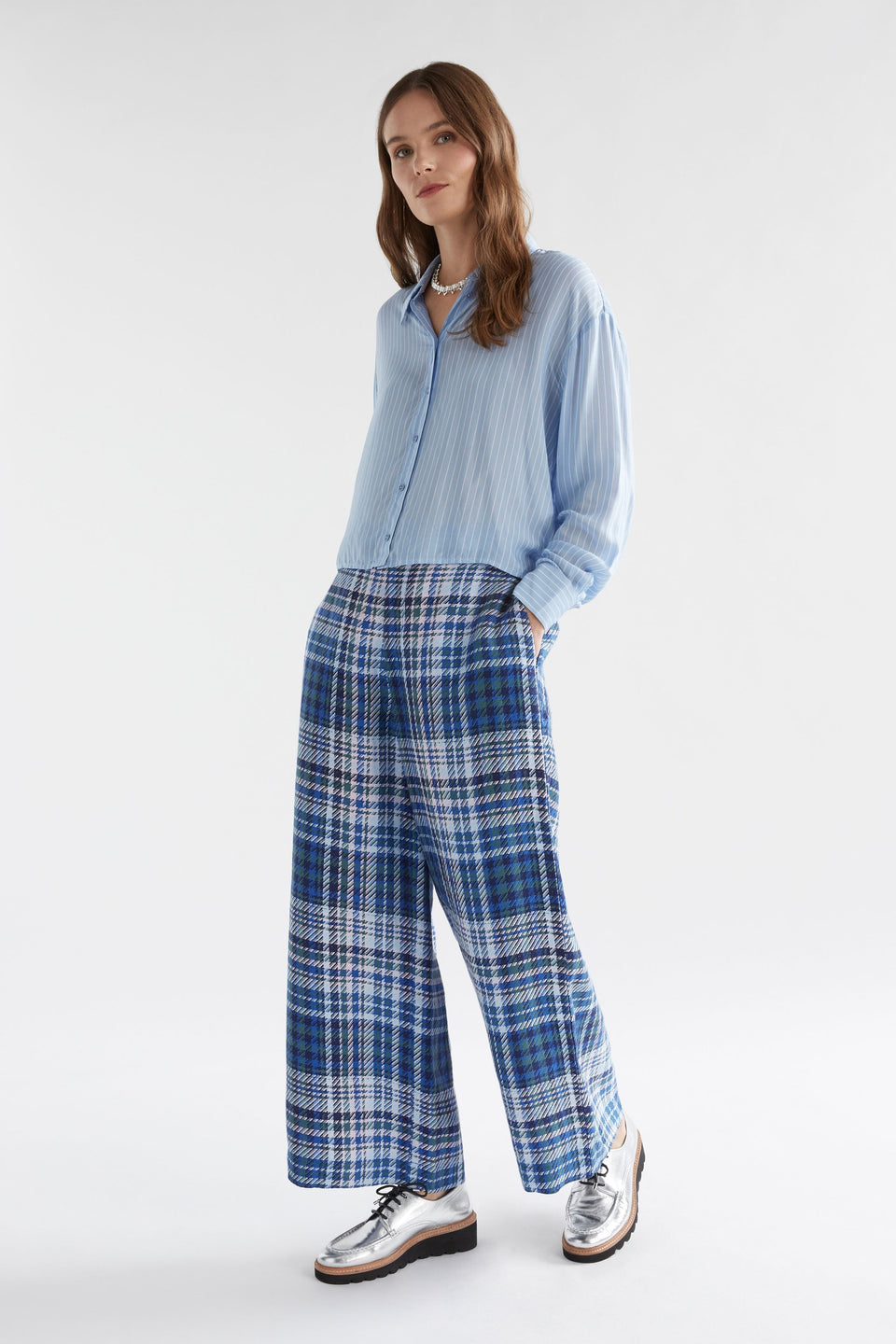 Sera Lightweight Pinstripe Long Sleeve Crop Shirt Model Front full Body | PALE BLUE STRIPE