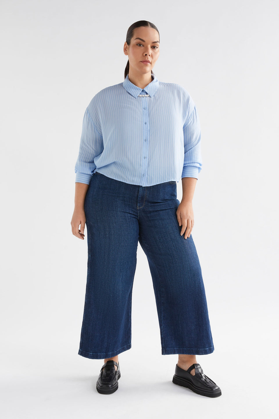 Sera Lightweight Pinstripe Long Sleeve Crop Shirt Model Front CURVE Full Body | PALE BLUE STRIPE