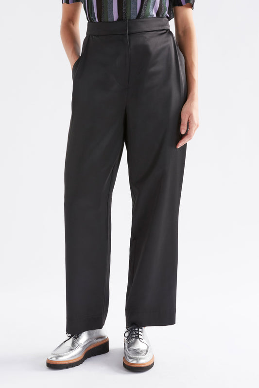 Este Satin Tapered Leg Dress Pant Model Front crop | BLACK