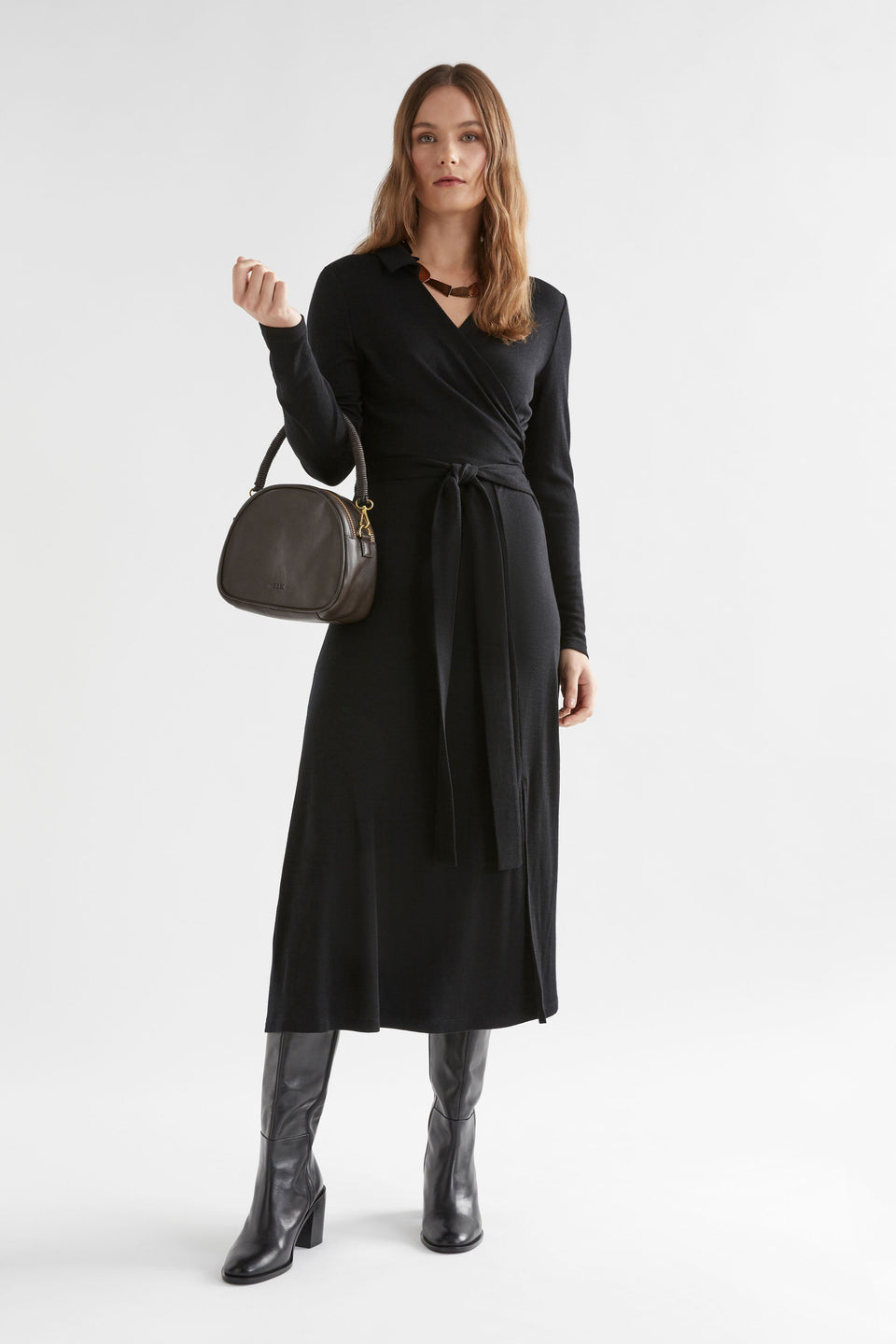 Merino Wool Wrap Collared Long Sleeve Midi Dress Model Front | BLACK