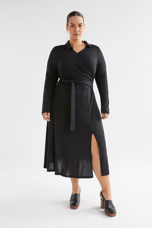 Merino Wool Wrap Collared Long Sleeve Midi Dress Model Front CURVE | BLACK