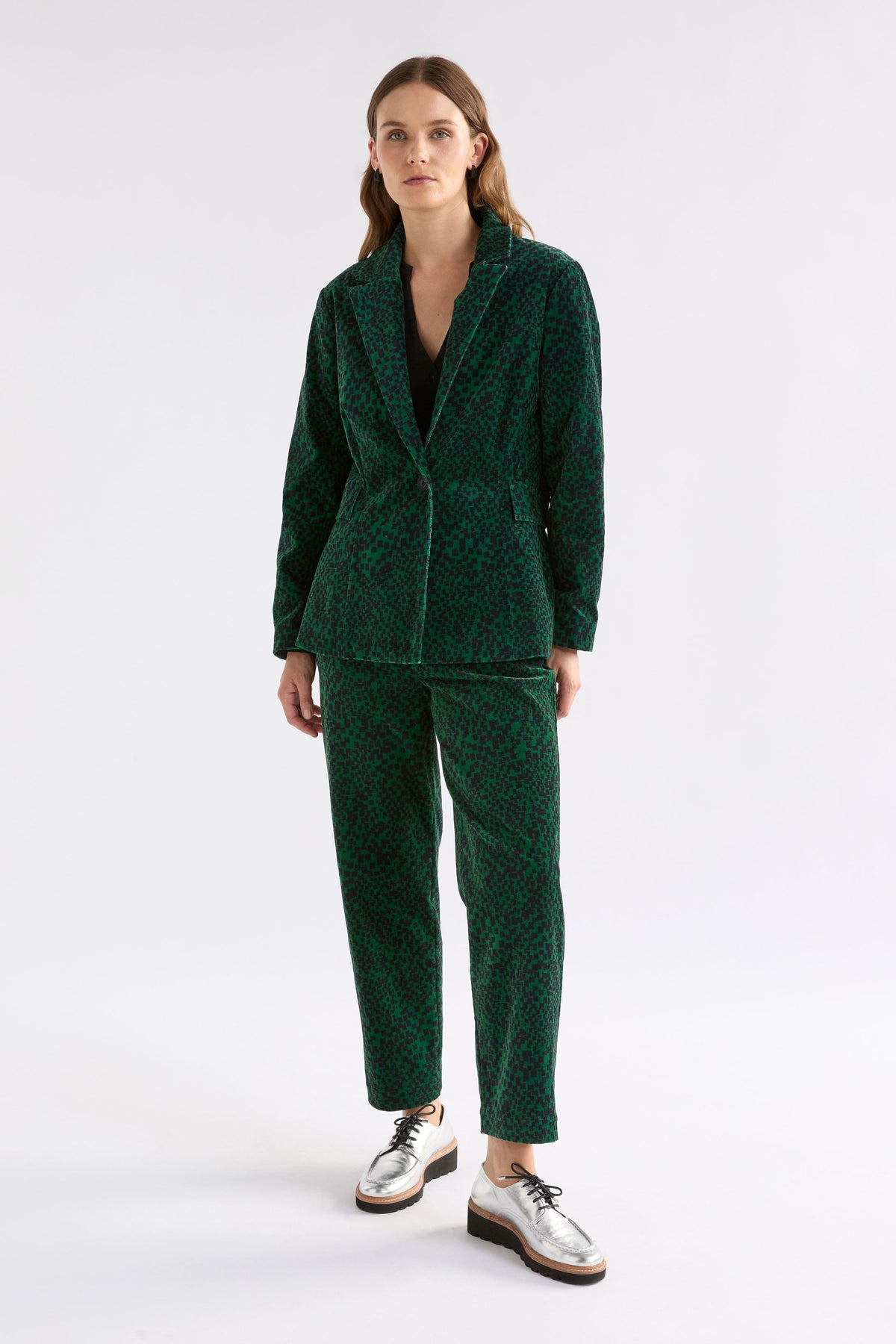 Atles High Waisted Tapered Leg Dark Green Pattern Cut Cord Pant full suit Model Front | GREEN SINDA PRINT