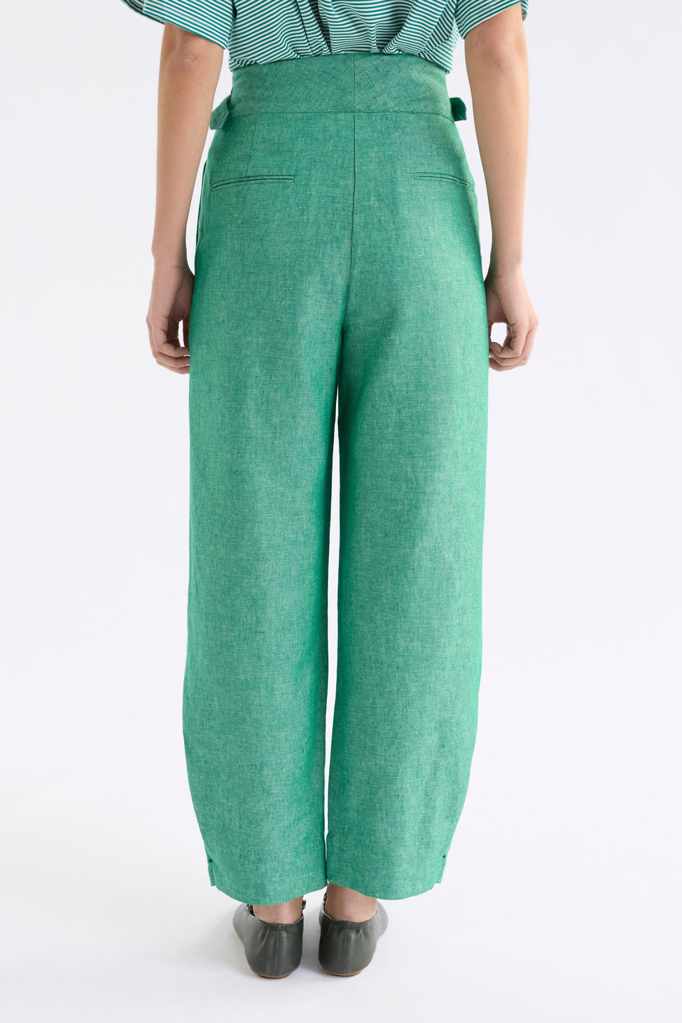 Alpah High Waisted Wide Waist Band and Leg Linen Organic Cotton Pant Model back crop | GREEN SPECKLE