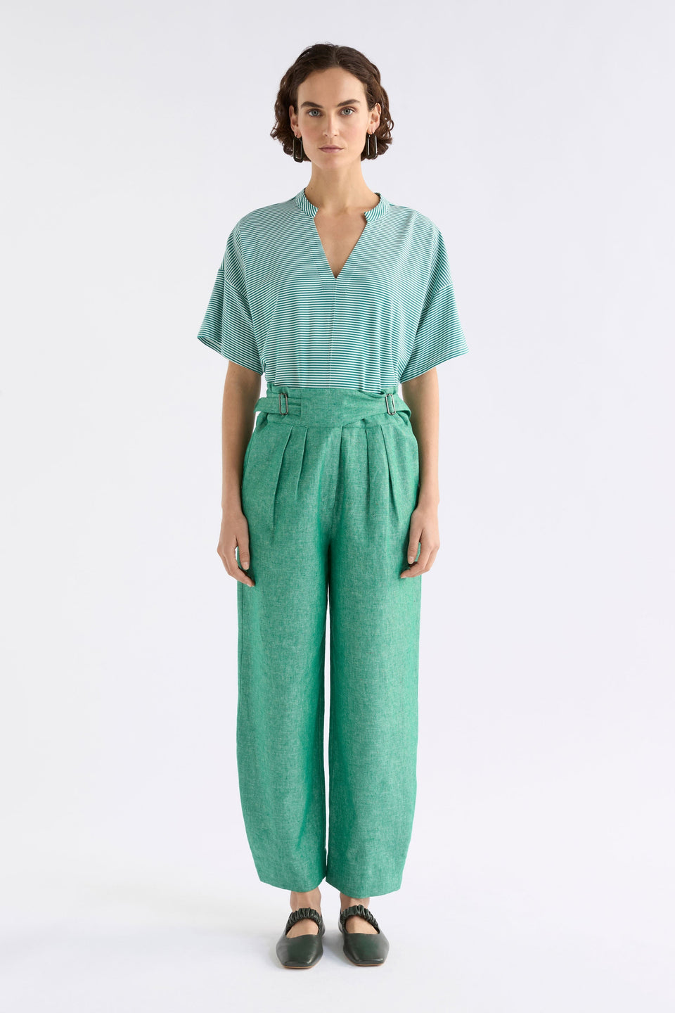 Alpah High Waisted Wide Waist Band and Leg Linen Organic Cotton Pant Model Front | GREEN SPECKLE