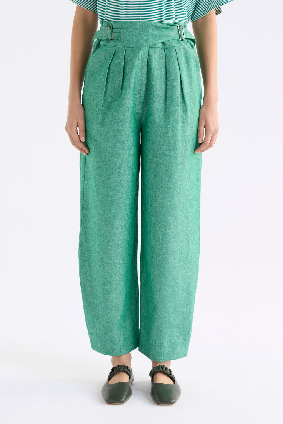 Alpah High Waisted Wide Waist Band and Leg Linen Organic Cotton Pant Model Front crop | GREEN SPECKLE