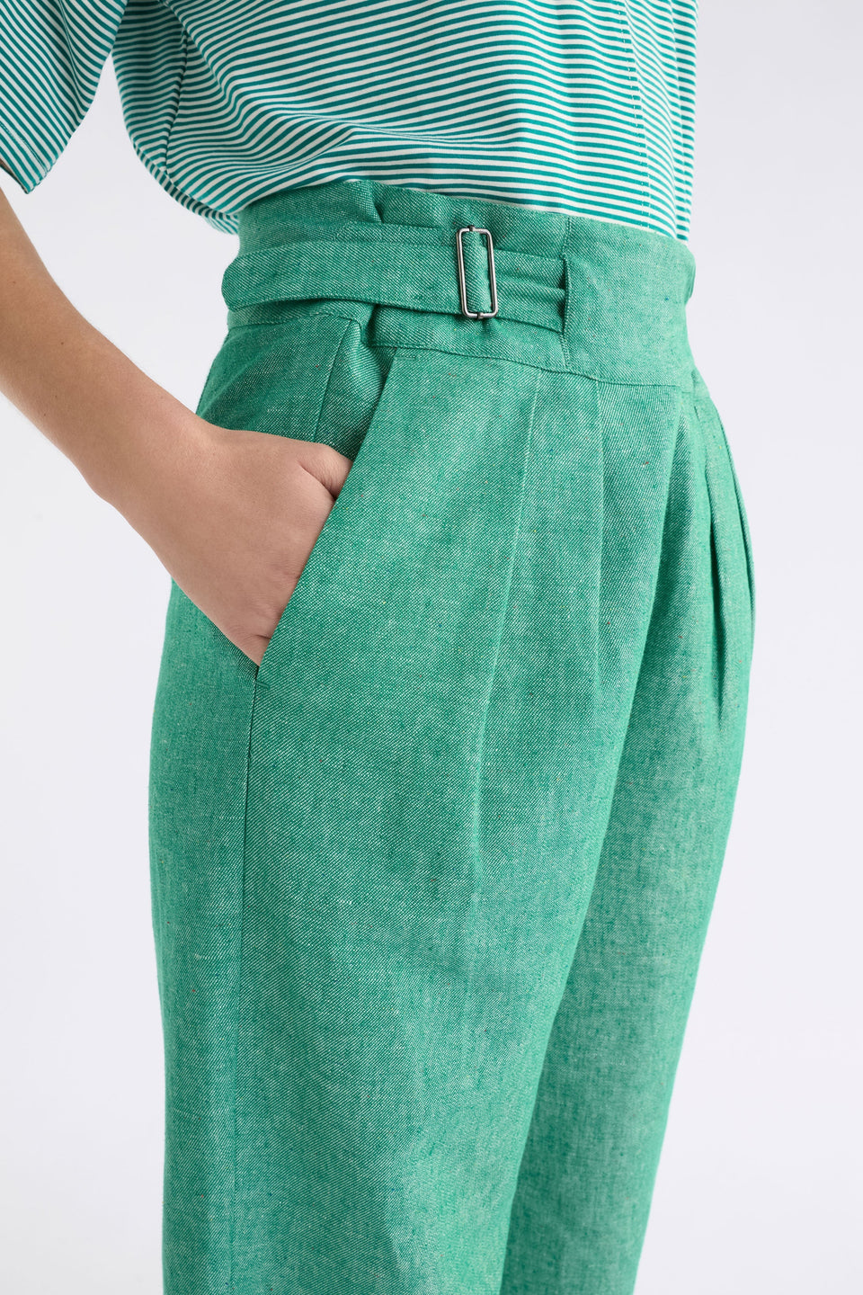 Alpah High Waisted Wide Waist Band and Leg Linen Organic Cotton Pant Model Side Detail | GREEN SPECKLE
