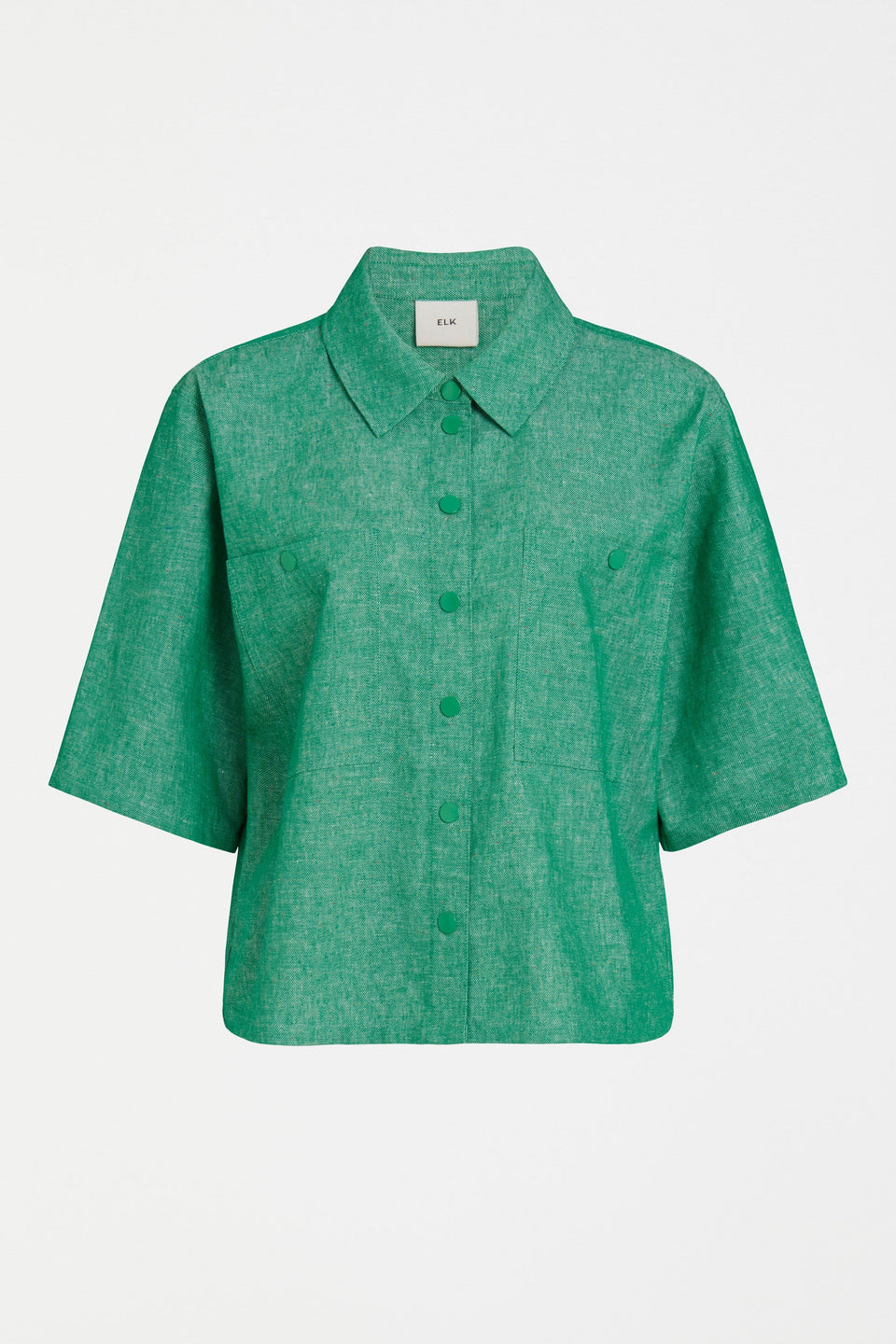 Alpah Short Sleeve Boxy Linen and Organic Cotton Shirt Front | GREEN SPECKLE
