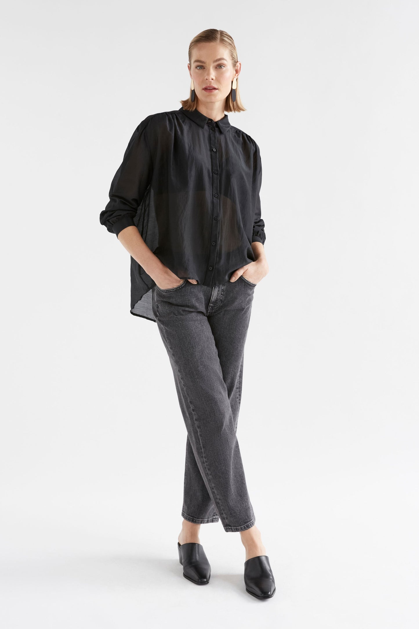 Mia Organic Cotton-Silk Lightweight Shirt Model Front Full Body | BLACK