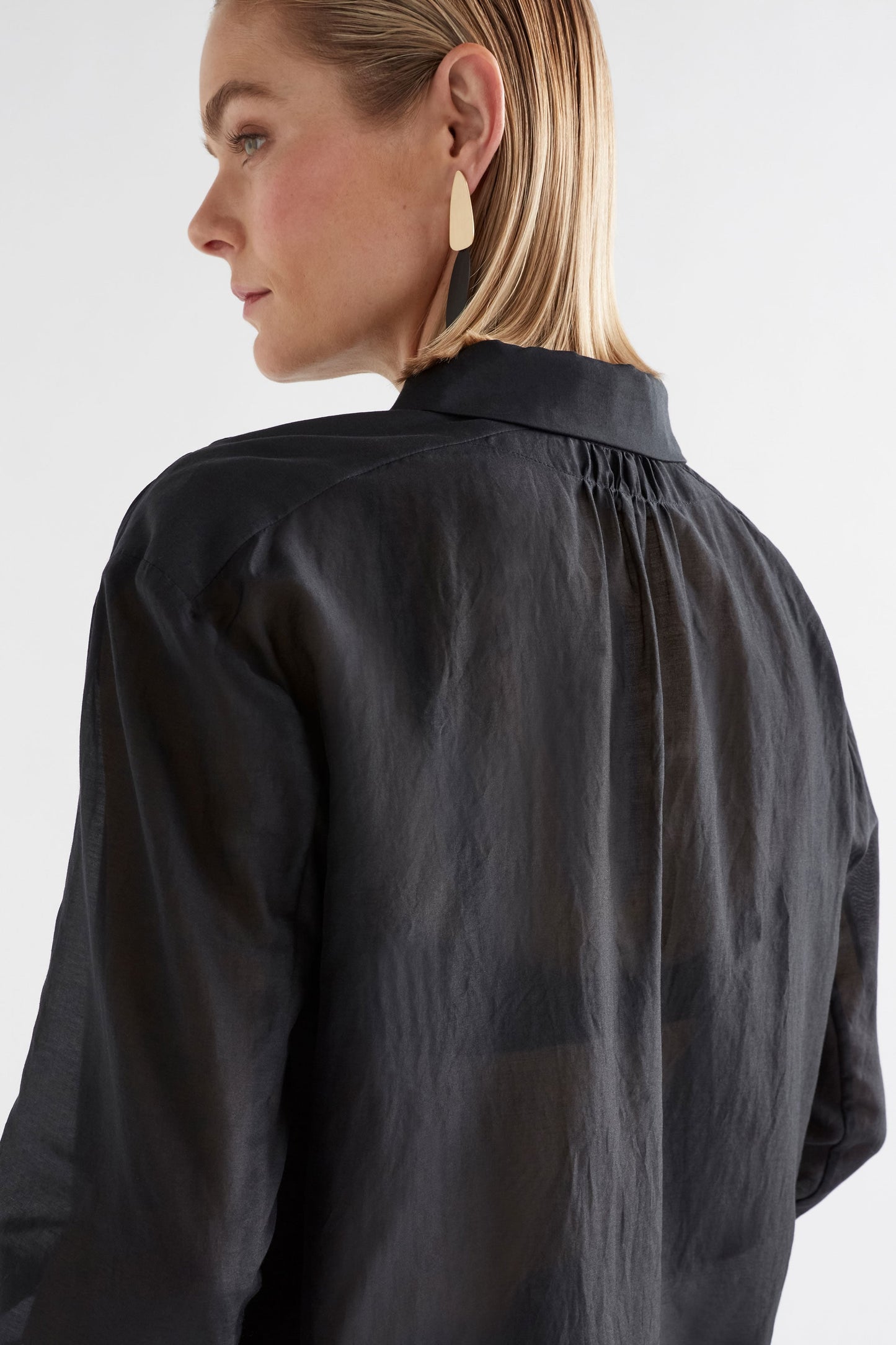 Mia Organic Cotton-Silk Lightweight Shirt Model Back Detail  | BLACK