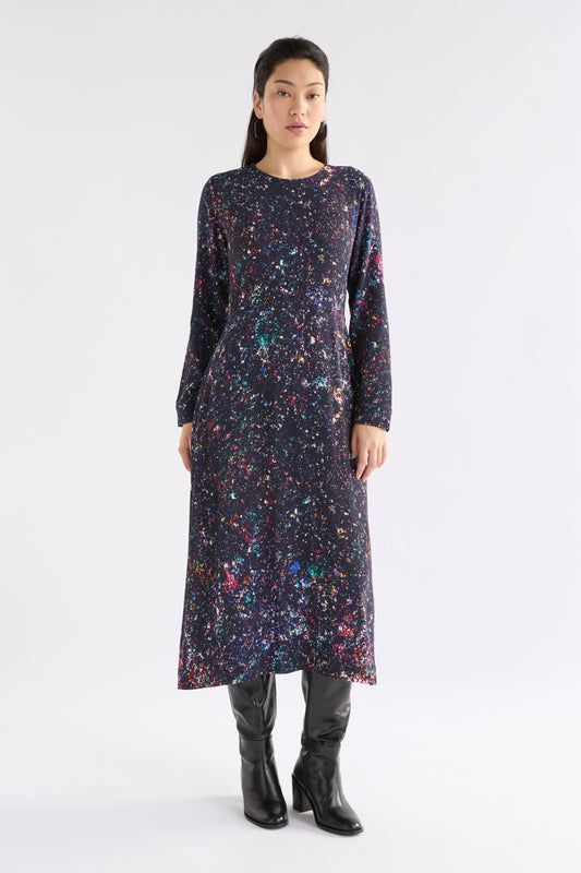 Solina Long Sleeve Midi Print Dress with Shirring Detail Model Front | TOLA PRINT