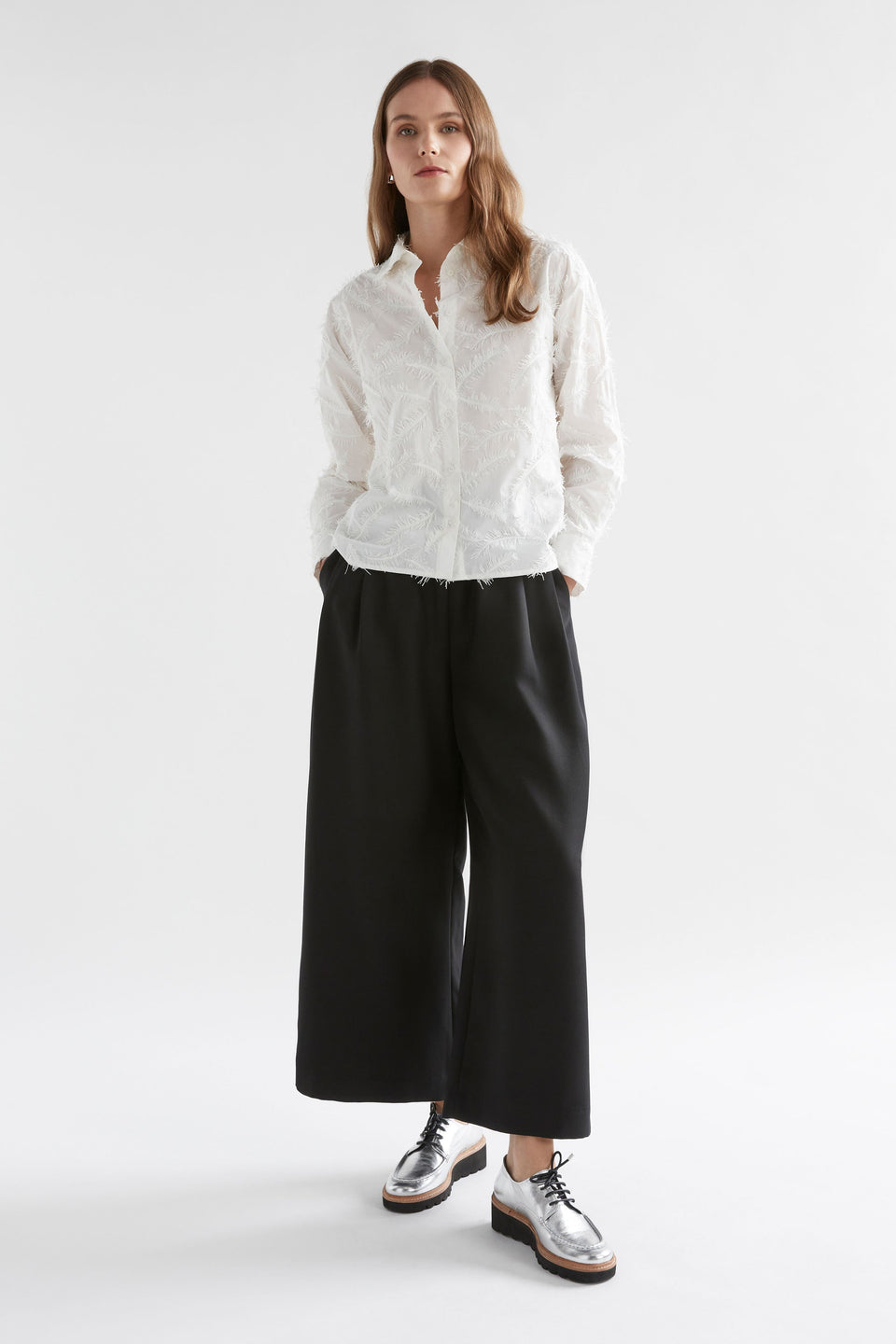 Etra Organic Cotton Embroidered Long Sleeve Shirt Model Front Full Body | WHITE