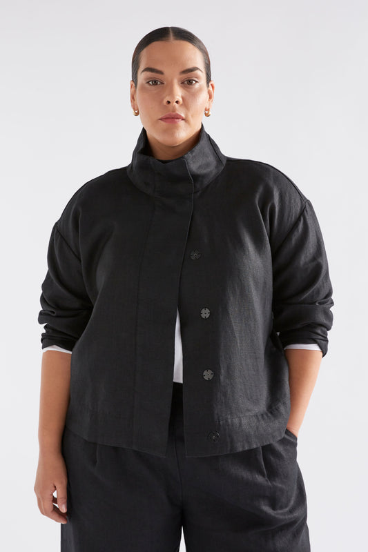 Hofer Funnel Neck Linen Snap Closure Short Jacket Front crop | BLACK