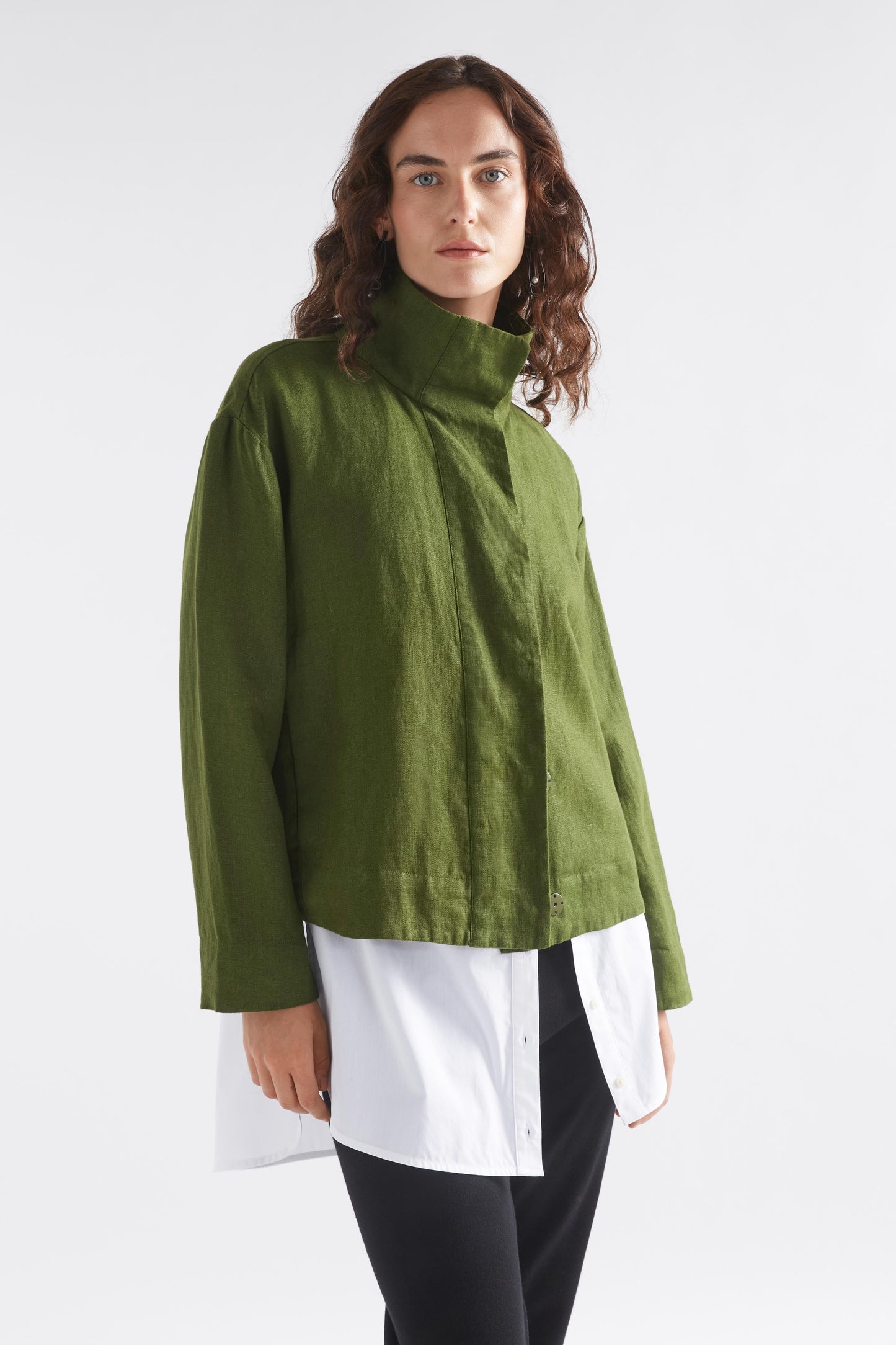 Hofer Funnel Neck Linen Snap Closure Short Jacket Model Angled Front | OLIVE