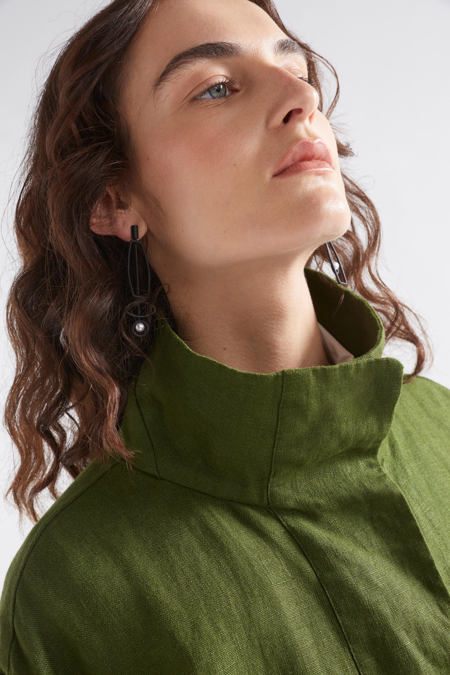 Hofer Funnel Neck Linen Snap Closure Short Jacket Model Neck Detail | OLIVE