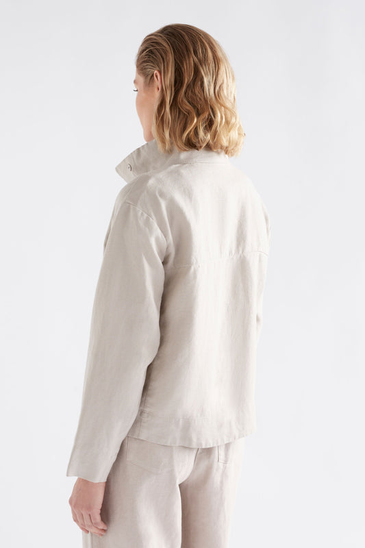 Hofer Funnel Neck Linen Snap Closure Short Jacket Model Back | FLAX