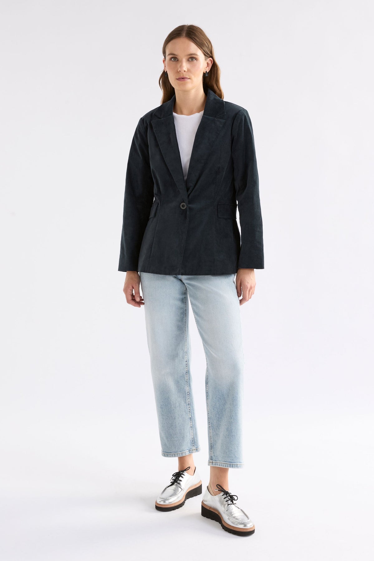 Altes Dark Blue Cut Cord Blazer Jacket Model Front Full Body | CARBON