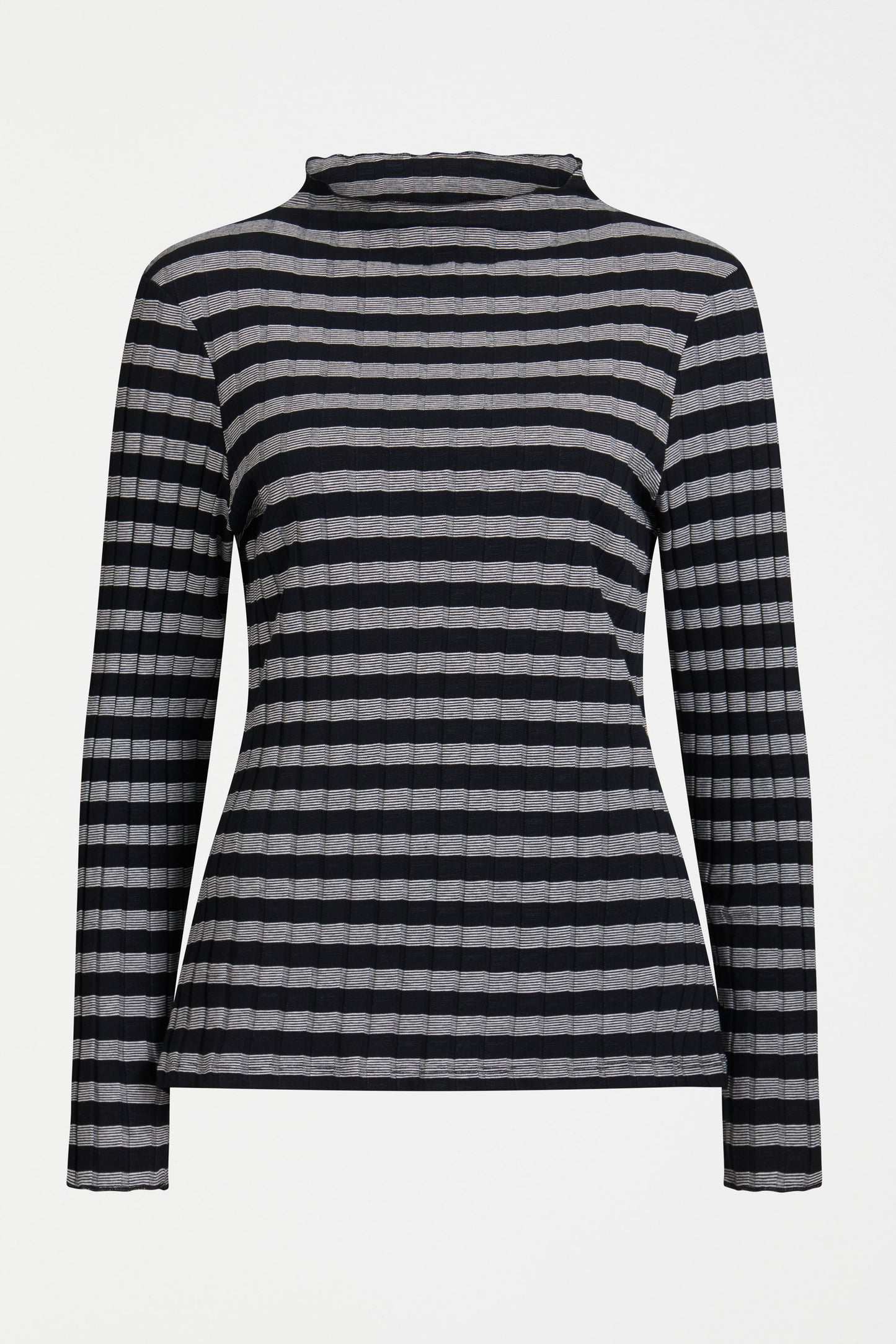 Skiva Striped Organic Cotton Long Sleeve Jersey Turtleneck Top Front | BLACK WHITE STRIPE