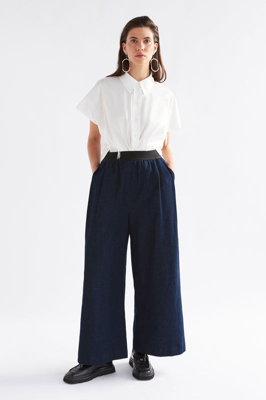 Njolle Wide Leg Denim Pant with Contrast  Elastic Waist Band Model Full Body | INDIGO