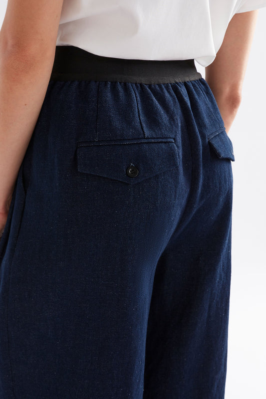 Njolle Wide Leg Denim Pant with Contrast  Elastic Waist Band Model Back Detail | INDIGO