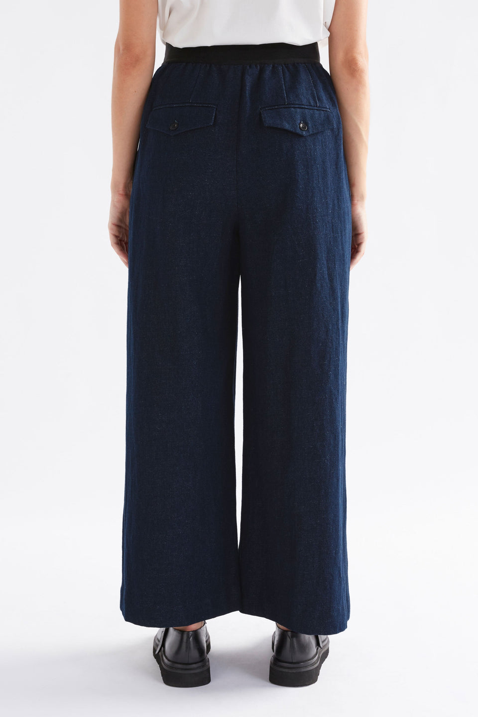 Njolle Wide Leg Denim Pant with Contrast  Elastic Waist Band Model Back | INDIGO