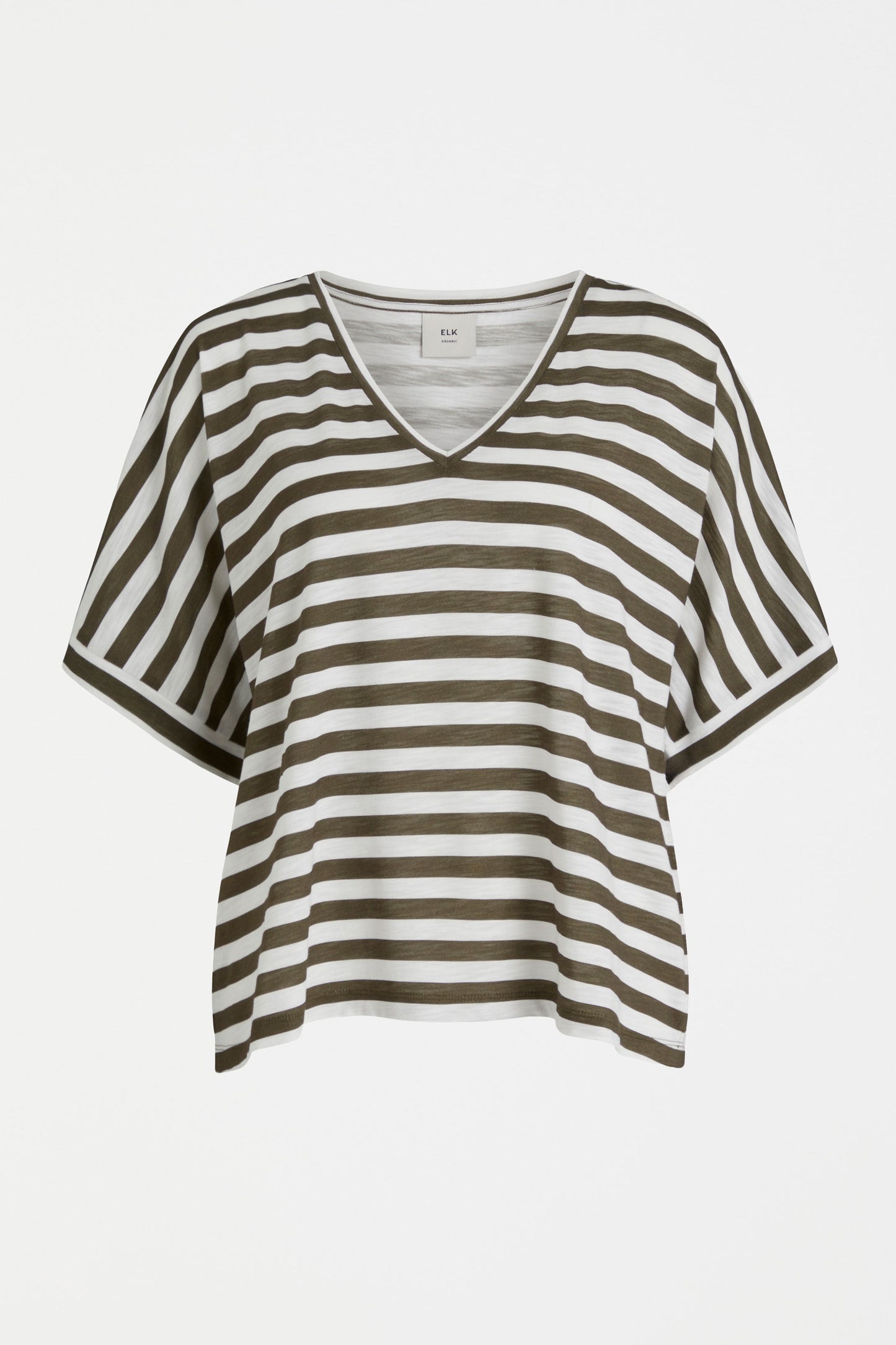 Seter Organic Cotton V-Neck Striped Jersey Tee Front | WHITE OLIVE