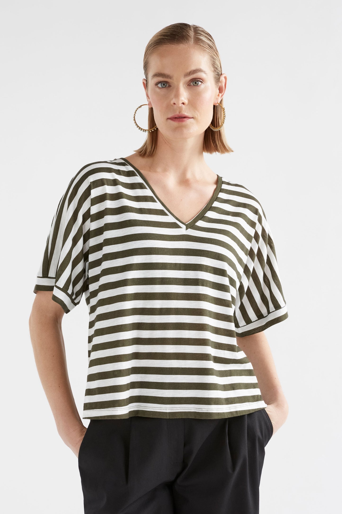 Seter Organic Cotton V-Neck Striped Jersey Tee Model Front | WHITE OLIVE