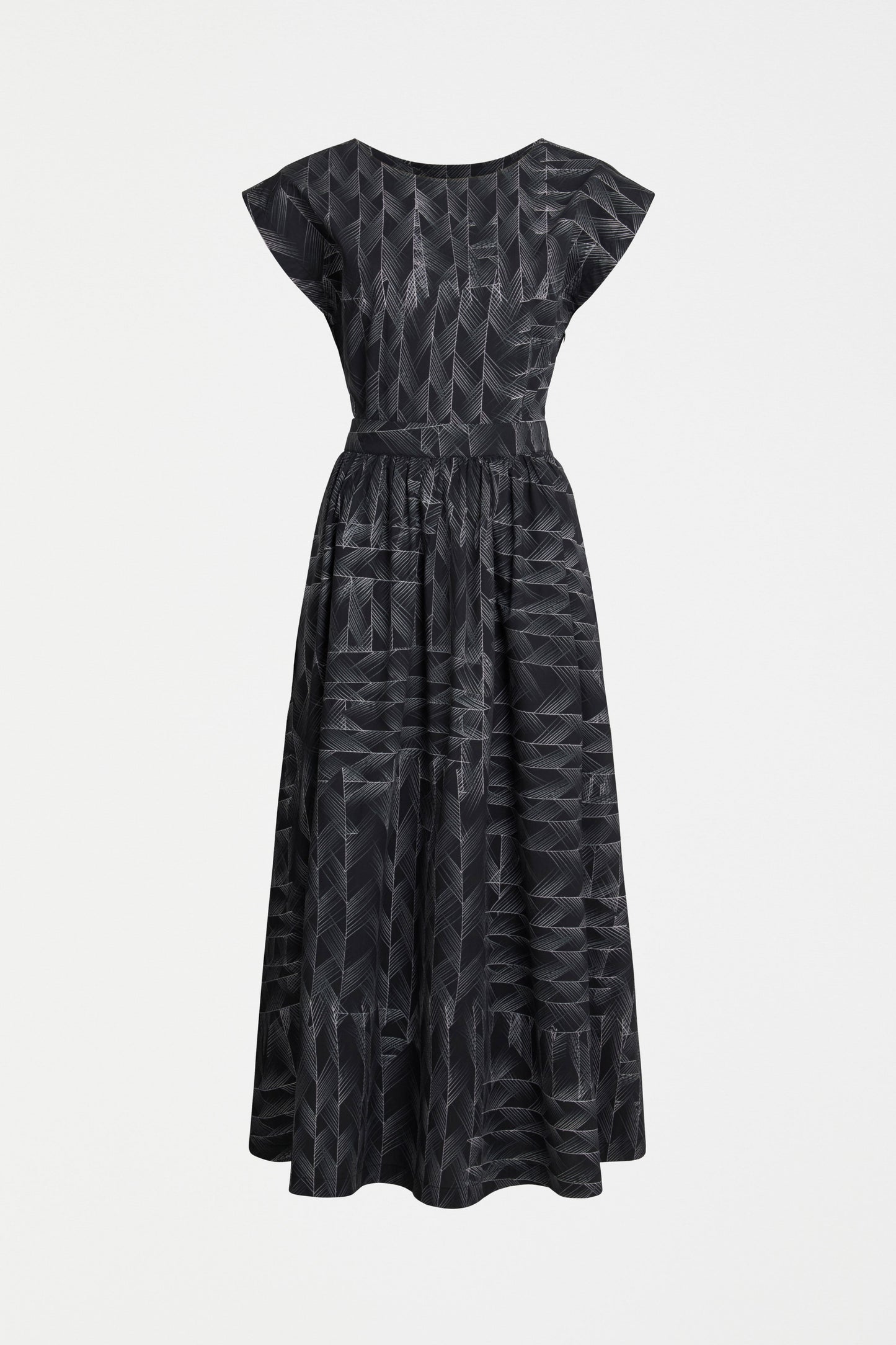 Indi Cap Sleeve Waisted Midi Dress Front | BLACK LINE PRINT