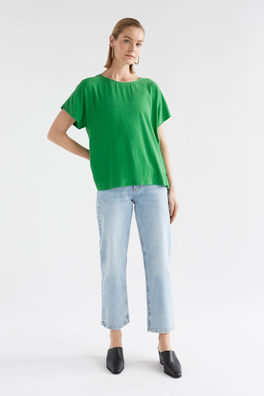 Olyck Round Neck Cap Sleeve Shell Top Model Front | VINE GREEN