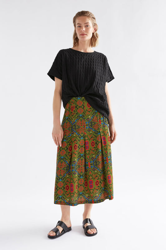 Kira Flat Front Waist Band Print Skirt with Split Model Front | RENDA PRINT