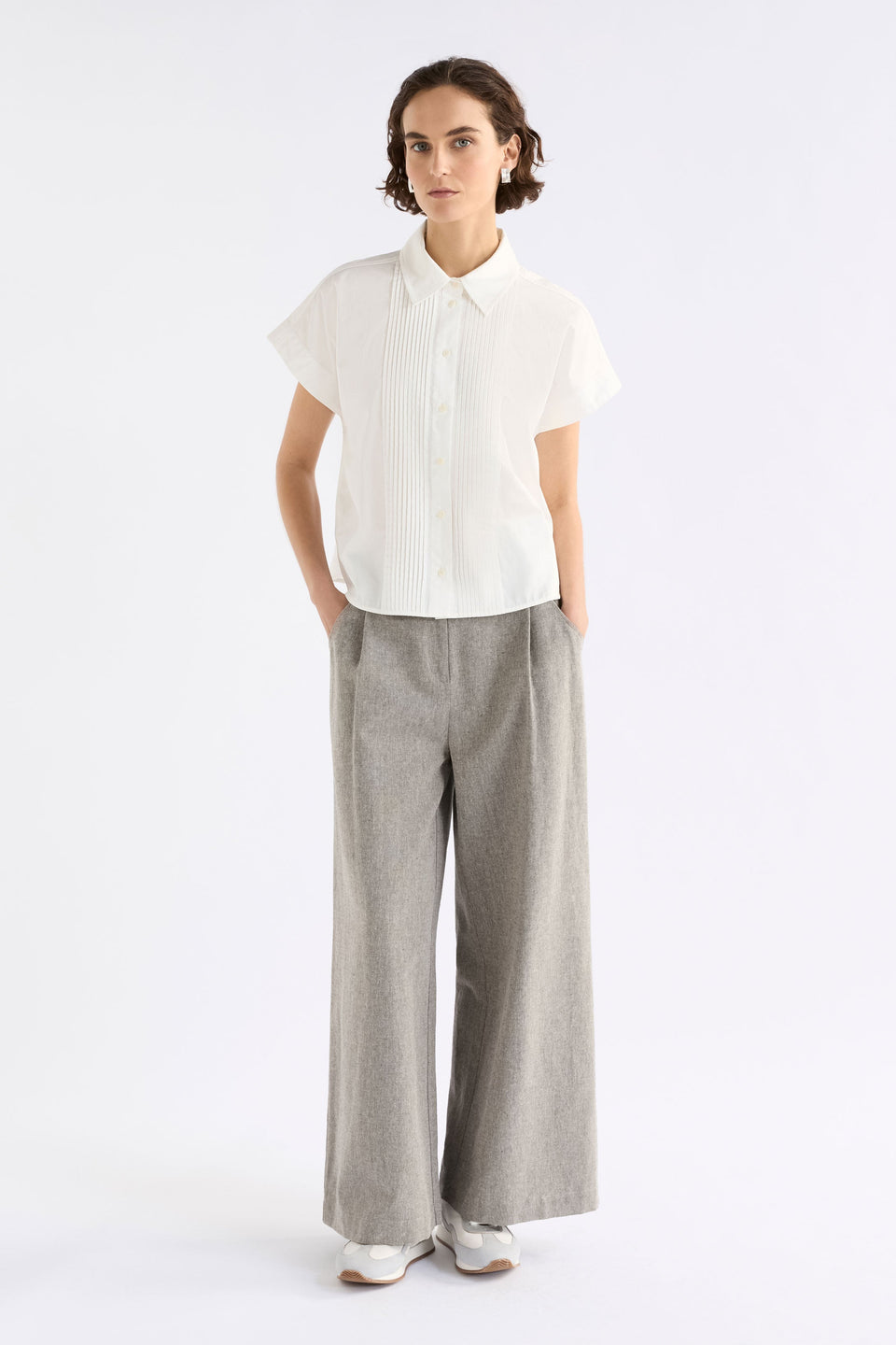 Apres Short Cap Sleeve Organic Cotton Short with Pleat Detail Model Front Full Body | WHITE