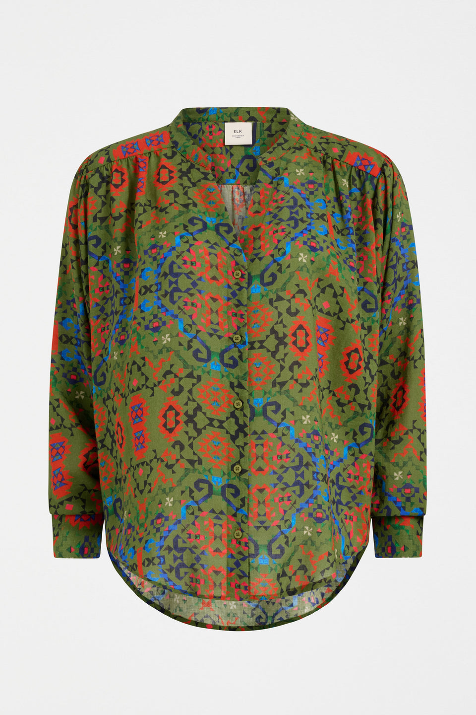 Norsk Long Sleeve Gathered Shoulder V-Neck Print Shirt Front | RENDA PRINT