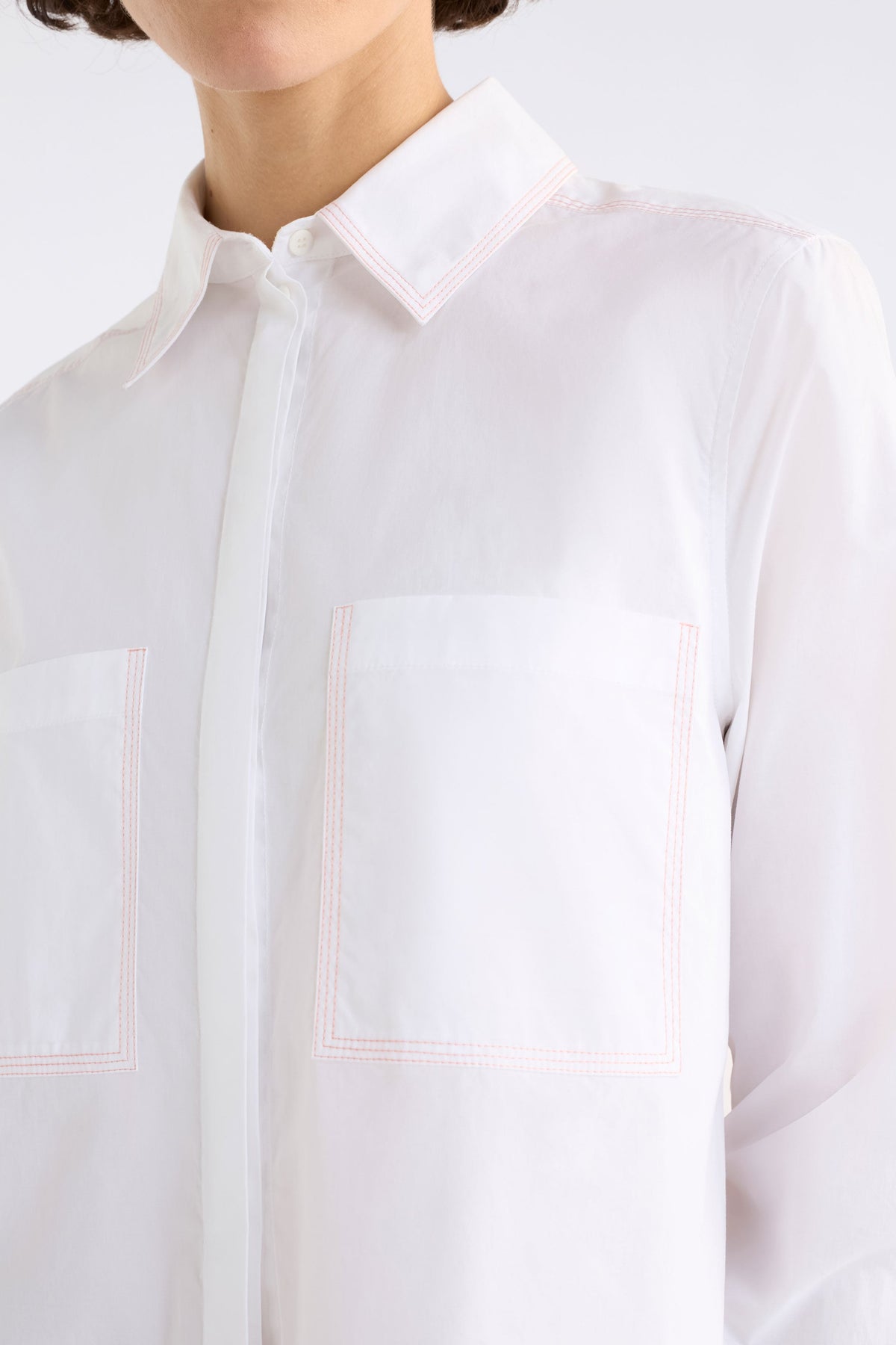 Salli Shirt on Model close up detail | WHITE