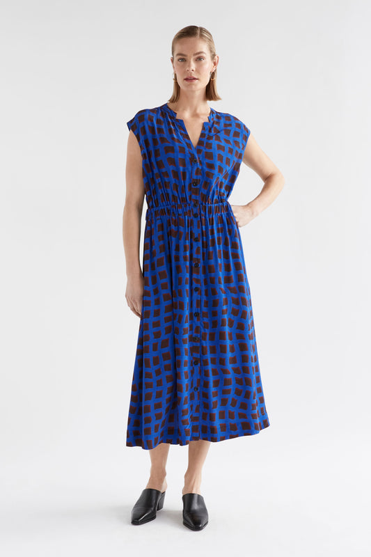 Borgg Cap Sleeve Elastic Waist Print Shirt Dress Model Front | BLUE WAVE PRINT  