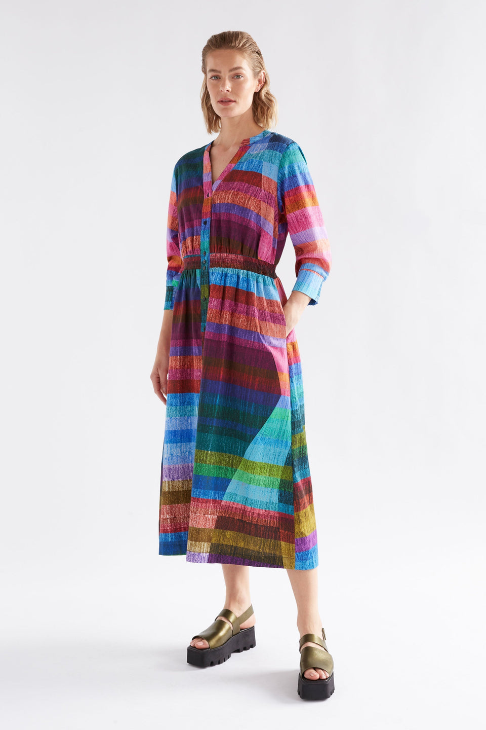 Gia 3/4 Sleeve Multi Colour Stripe Print Waisted V-Neck Midi Dress with Ruched Detail Model Front | KOMI PRINT