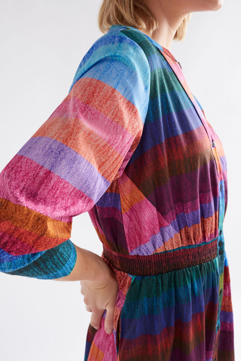 Gia 3/4 Sleeve Multi Colour Stripe Print Waisted V-Neck Midi Dress with Ruched Detail Model side Detail | KOMI PRINT