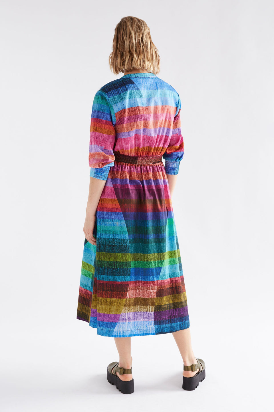 Gia 3/4 Sleeve Multi Colour Stripe Print Waisted V-Neck Midi Dress with Ruched Detail Model Back | KOMI PRINT