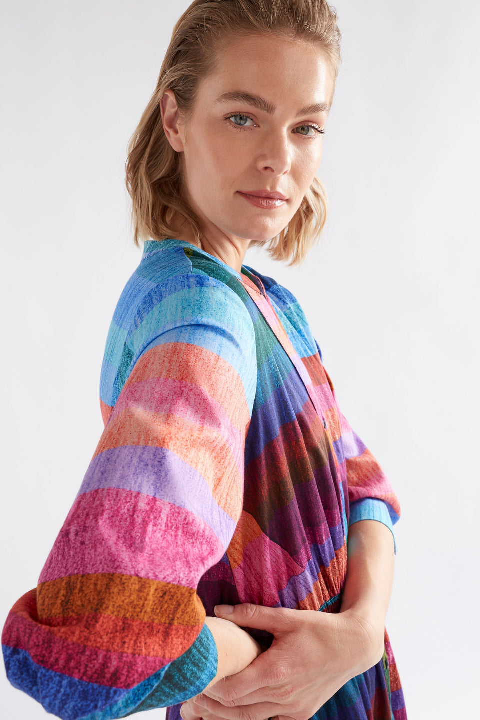 Gia 3/4 Sleeve Multi Colour Stripe Print Waisted V-Neck Midi Dress with Ruched Detail Model Side crop | KOMI PRINT