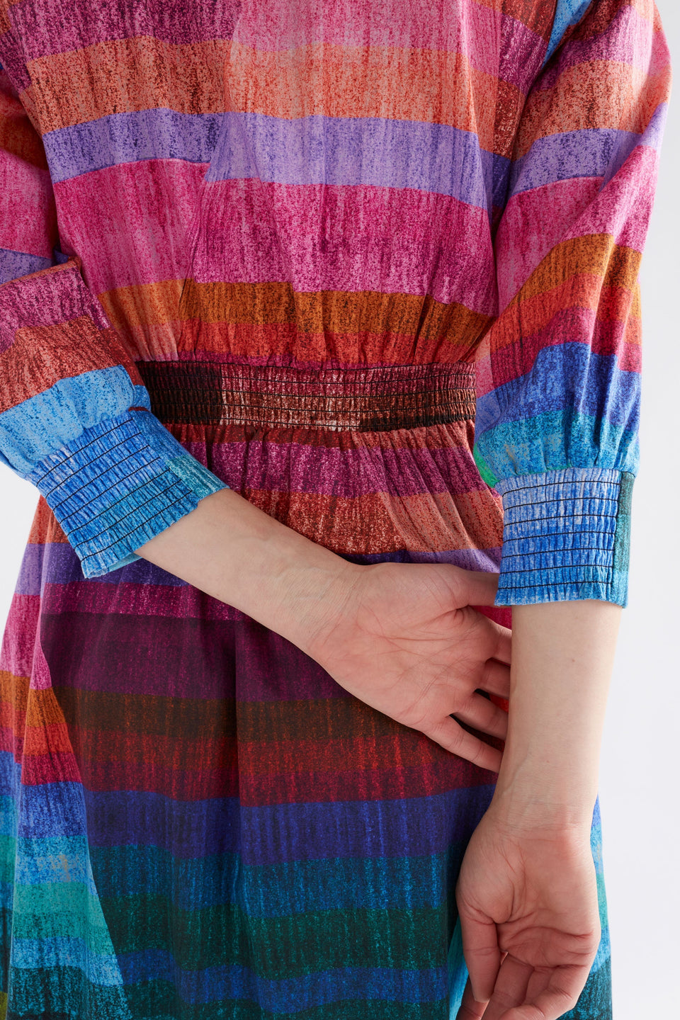 Gia 3/4 Sleeve Multi Colour Stripe Print Waisted V-Neck Midi Dress with Ruched Detail Model back Details | KOMI PRINT