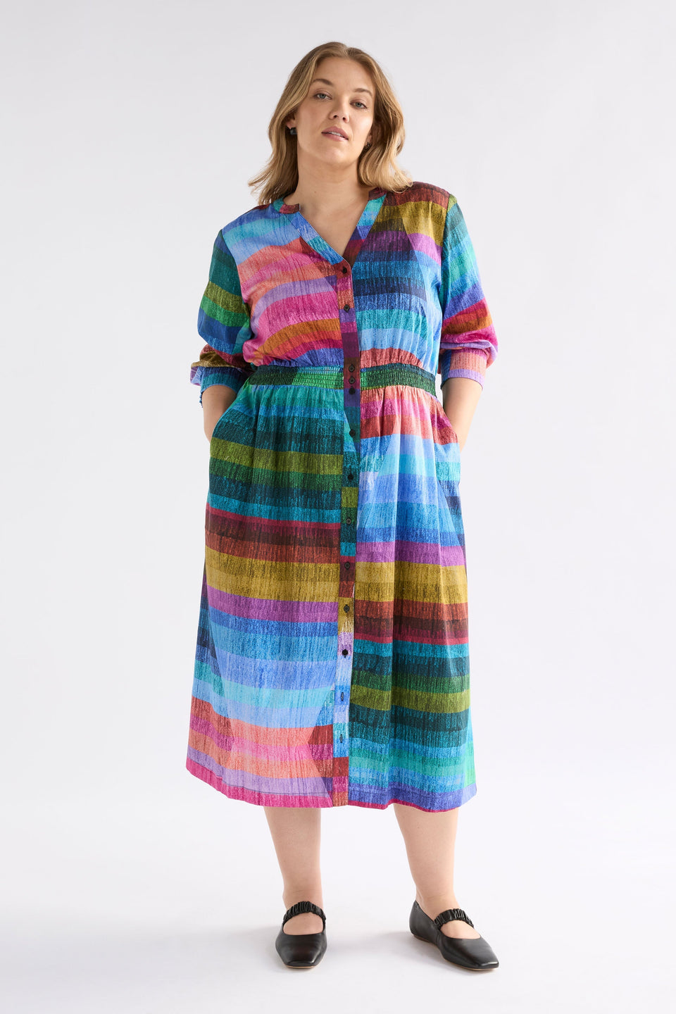 Gia 3/4 Sleeve Multi Colour Stripe Print Waisted V-Neck Midi Dress with Ruched Detail Model Curve Front | KOMI PRINT