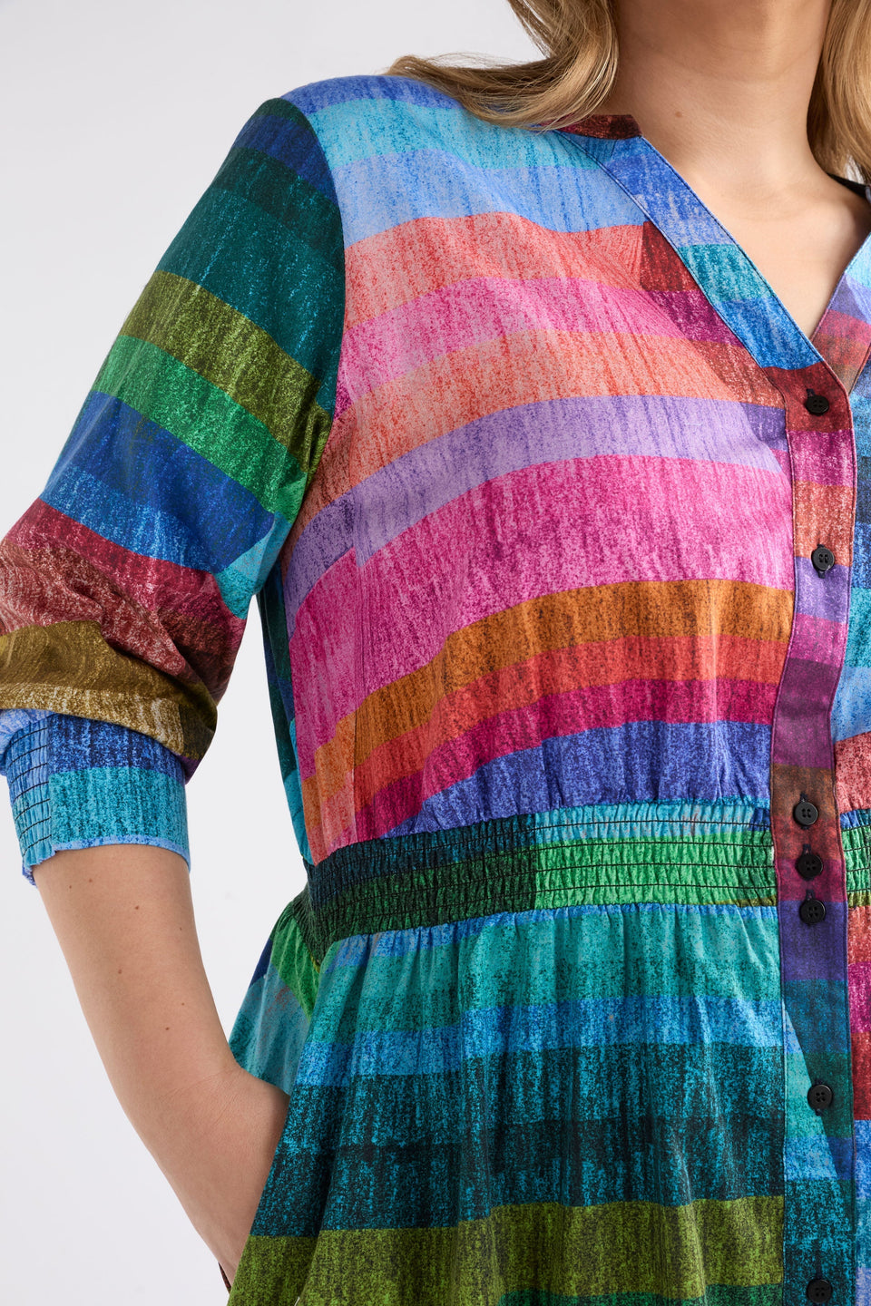 Gia 3/4 Sleeve Multi Colour Stripe Print Waisted V-Neck Midi Dress with Ruched Detail Curve Model Front Detail| KOMI PRINT