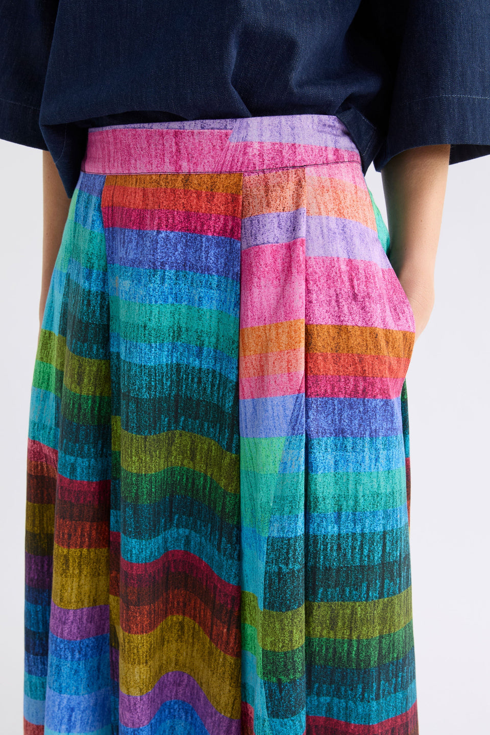 Gia Multi Colour Stripe Print A-line Midi Skirt Model Front detail | KOMI PRINT