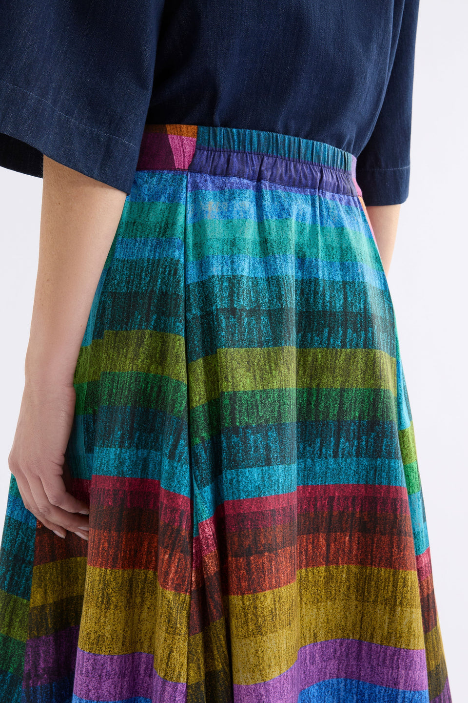 Gia Multi Colour Stripe Print A-line Midi Skirt Model Back detail | KOMI PRINT