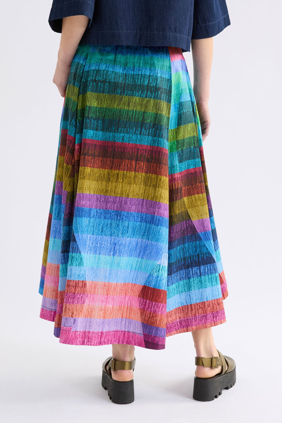 Gia Multi Colour Stripe Print A-line Midi Skirt Model back | KOMI PRINT