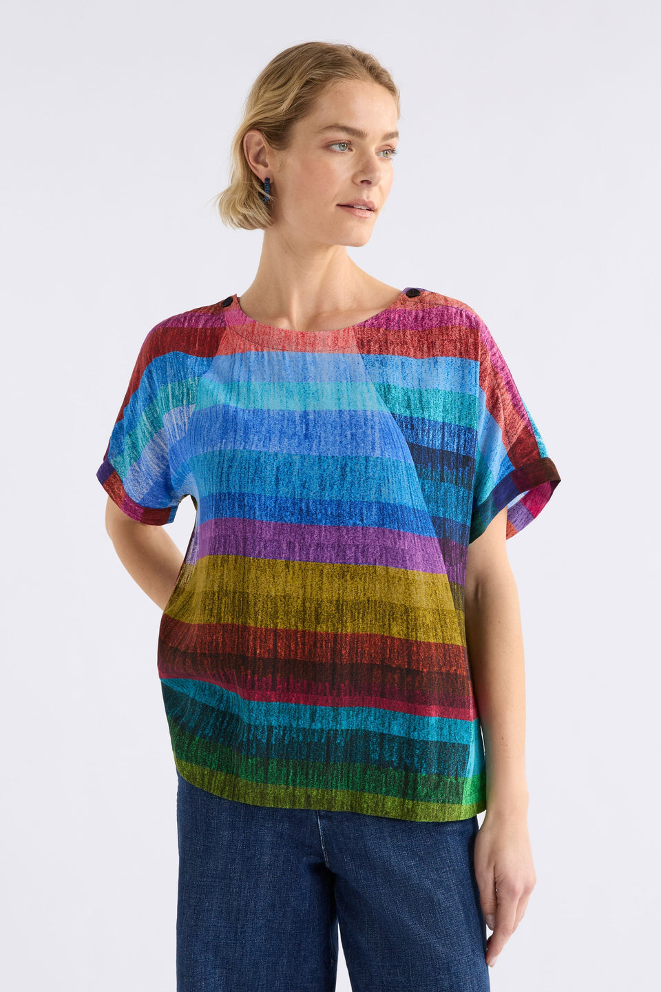 Sono Multi-coloured Stripe Print Round Neck Top with button detail Model Front | KOMI PRINT