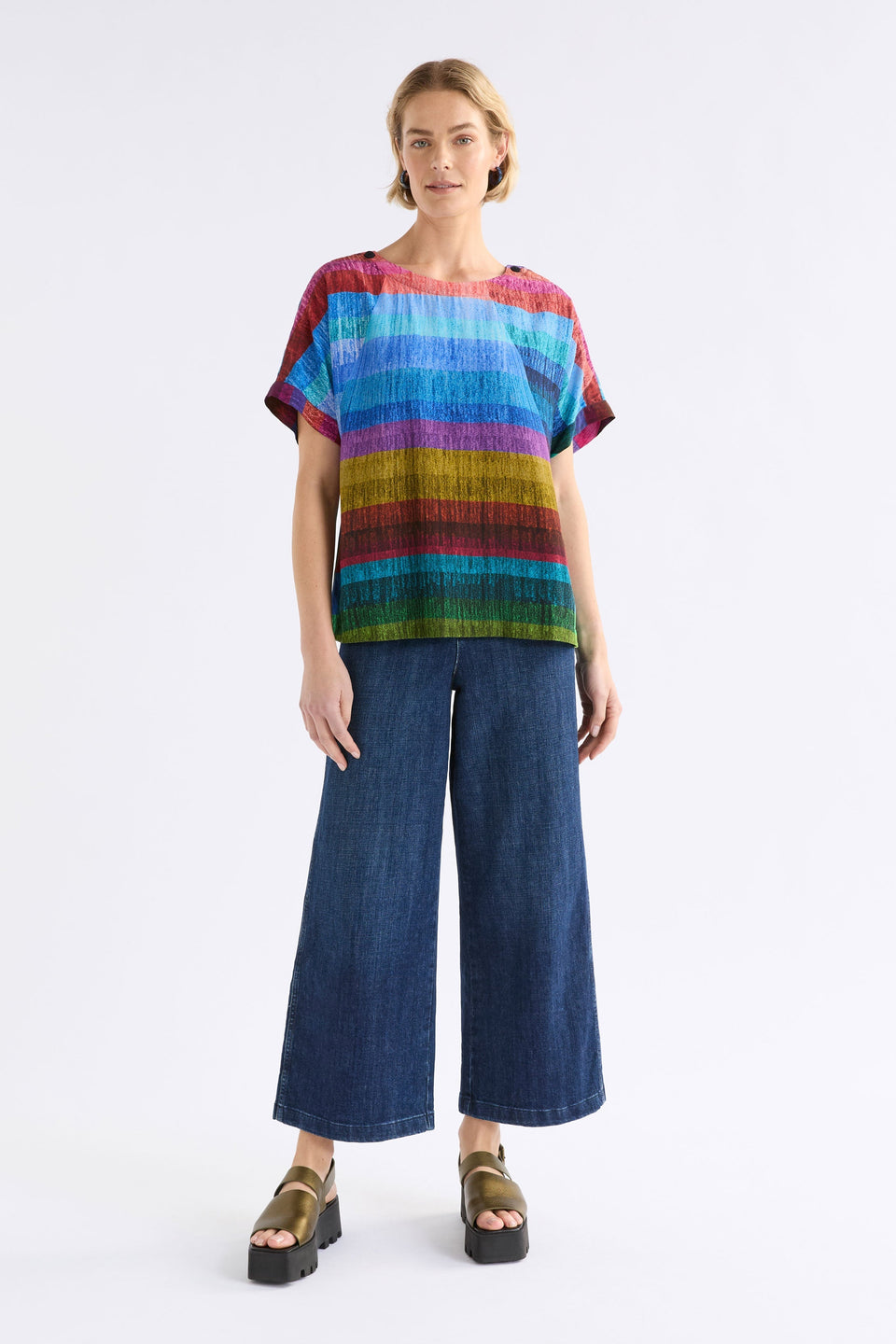 Sono Multi-coloured Stripe Print Round Neck Top with button detail Model Front Full body | KOMI PRINT