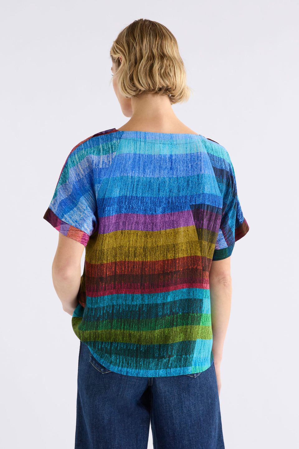 Sono Multi-coloured Stripe Print Round Neck Top with button detail Model Back | KOMI PRINT