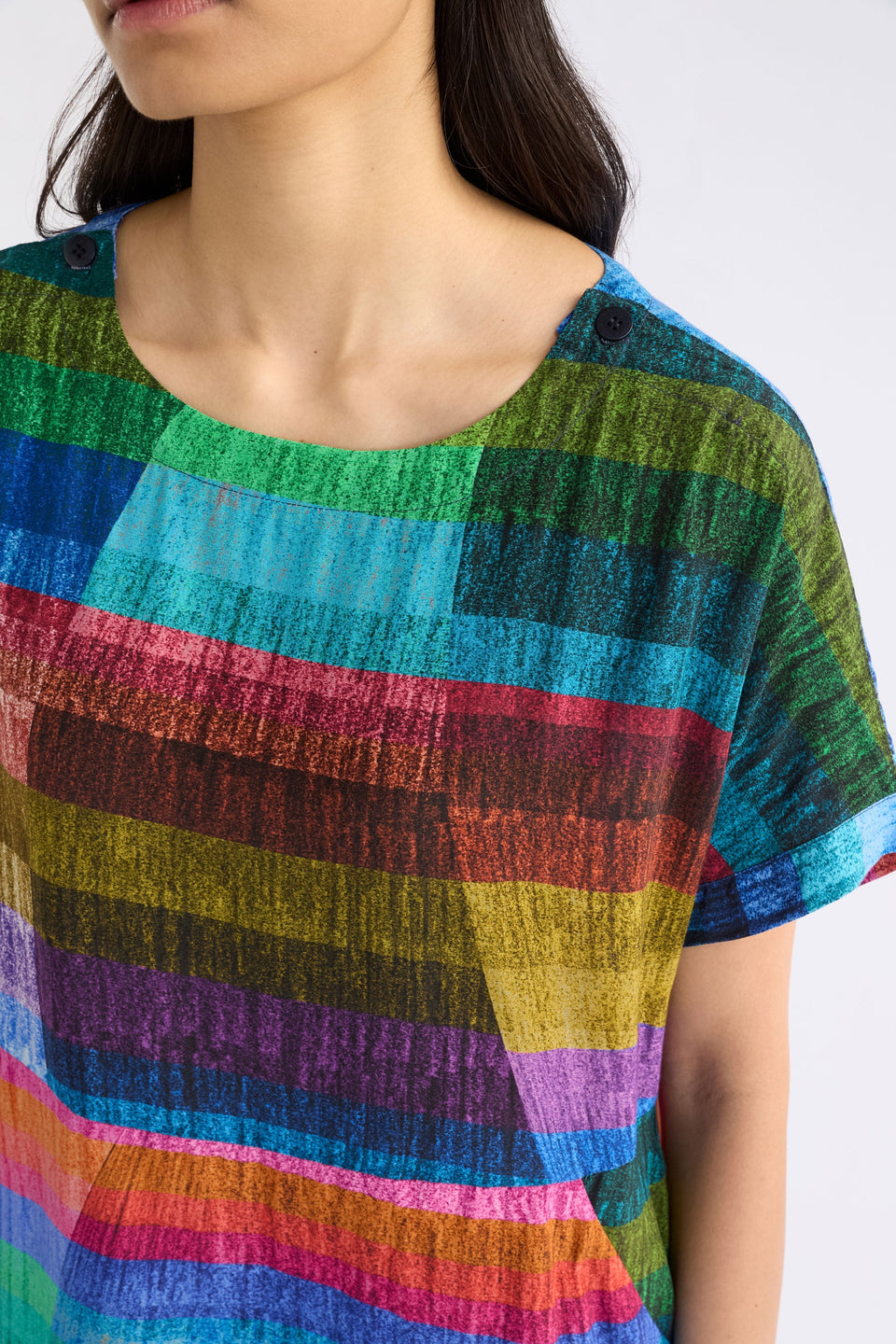 Sono Multi-coloured Stripe Print Round Neck Top with button detail Model Front detail | KOMI PRINT