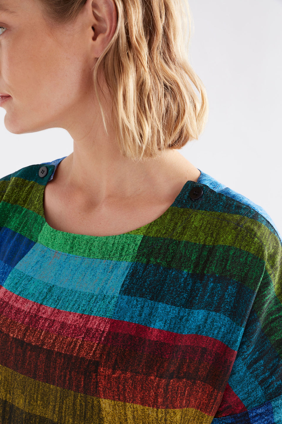 Sono Multi-coloured Stripe Print T-shirt Short Dress with Front Side Pockets Model Front Neck detail | KOMI PRINT