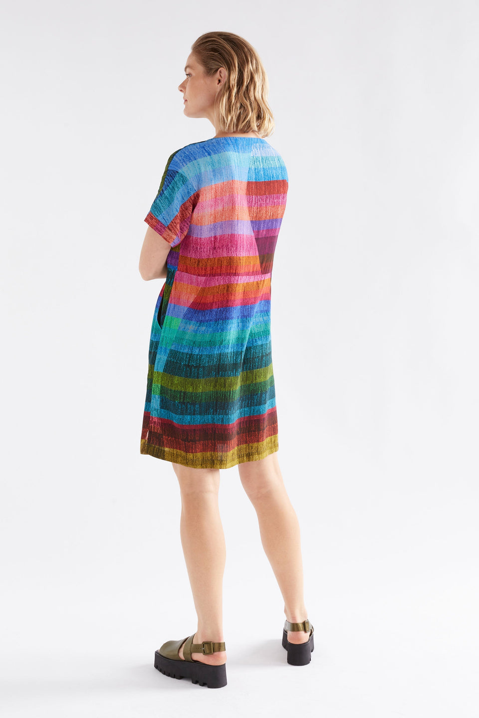 Sono Multi-coloured Stripe Print T-shirt Short Dress with Front Side Pockets Model back | KOMI PRINT