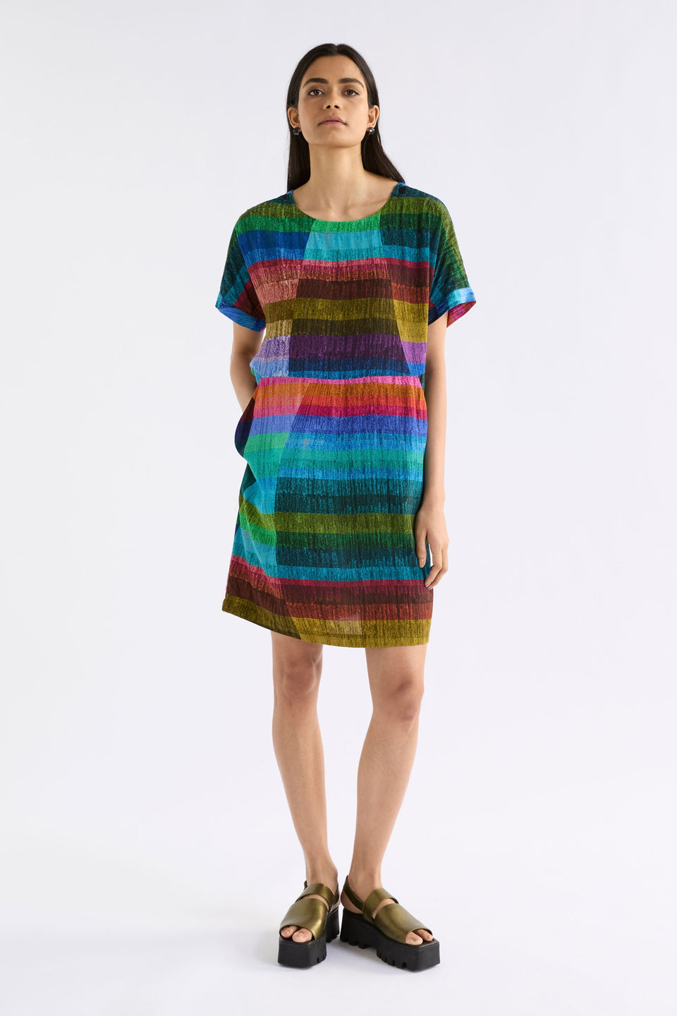 Sono Multi-coloured Stripe Print T-shirt Short Dress with Front Side Pockets Model Front | KOMI PRINT